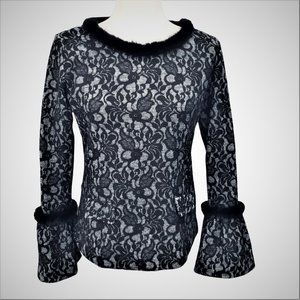 KARL LAGERFELD Paris Black Lace Jacquard with Bell Sleeves and Fur Trims Size S